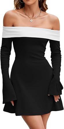 ChiaoLezhee Bell Long Sleeve Corset Mini Dress, Cocktail Semi Formal, Off The Shoulder Flare Dresses for Women, Date Night