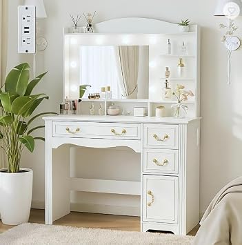 Vanity Desk with Mirror and Lights, 57.5 H Makeup Vanity Table with Power Outlet & 5 Drawers, 3 Colors and Brightness Adjustable,Modern Dressing Table for Bedroom, White