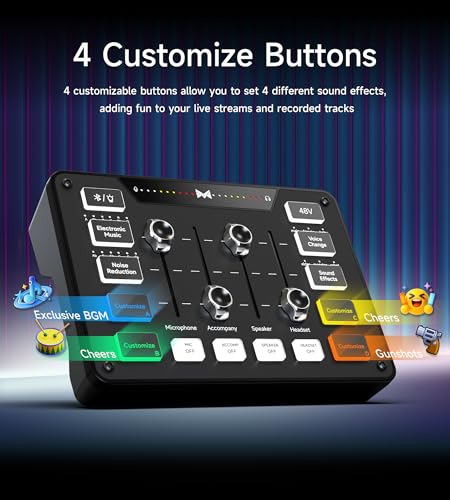 Image of Gaming Audio Mixer, Audio Interface with XLR Microphone Input, Noise Reduction, RGB, Bluetooth, 48V Phantom Power, Voice Changer, Sound Board for Podcast /Recording /Streaming /Vocal /Game (Black)