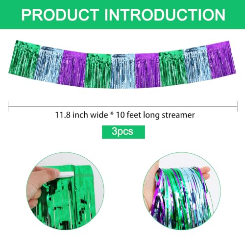 Image of BEISHIDA 3PK Green Light Blue Purple Foil Fringe Garland 30ftTinsel Banner