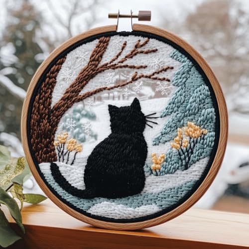 Image of DIY Punch Needle Kit Cat with Hoop 20x20cm | with Pattern Stamped Easy for Beginners Embroidery Punch Needle Starter Craft Set for Adults Festival Gift and Decoration
