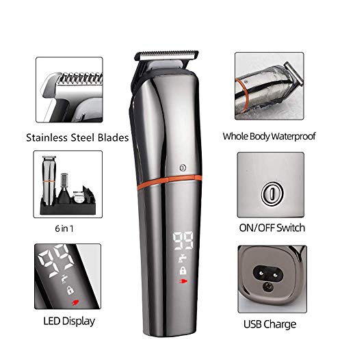 Professional Beard Trimmer for Men,Cordless Electric Hair Clippers Cutting Grooming Kit 6 in 1 Multi-functional Shaving Machines for Head Facial Nose Ear Body with Waterproof,LCD Display,USB Charge - Thumbnail 3
