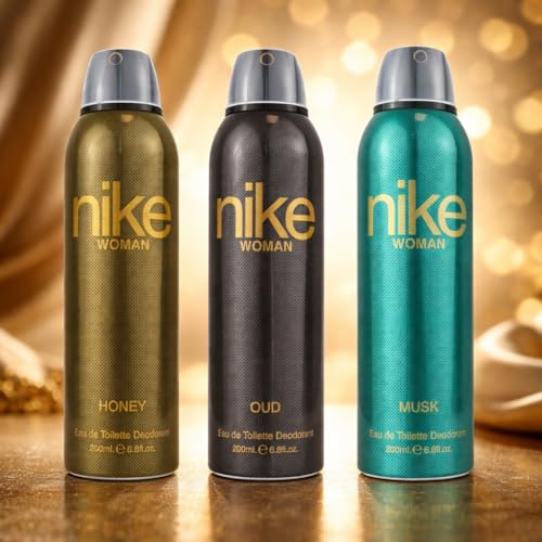 Image of Nike Woman Deodorant Spray Pack of 3 - Honey, Oud & Musk Long Lasting Fragrance Body Spray for Women | 24H Freshness | 200ml Each