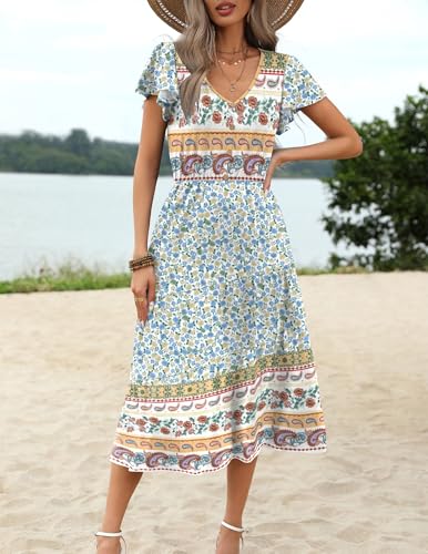 Image of Zeagoo Women's Summer Casual Dress Flutter Short Sleeve V Neck Button Down Tiered Flowy Long Dress with Pockets