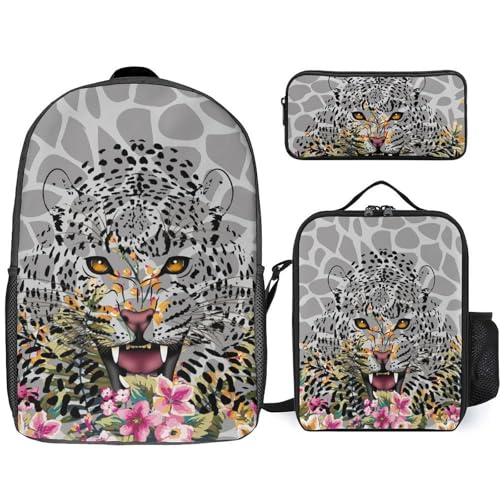 Snow Leopard Cheetah Classic Backpack Lunch Bag Pencil Case 3 Piece Set Travel Daypack