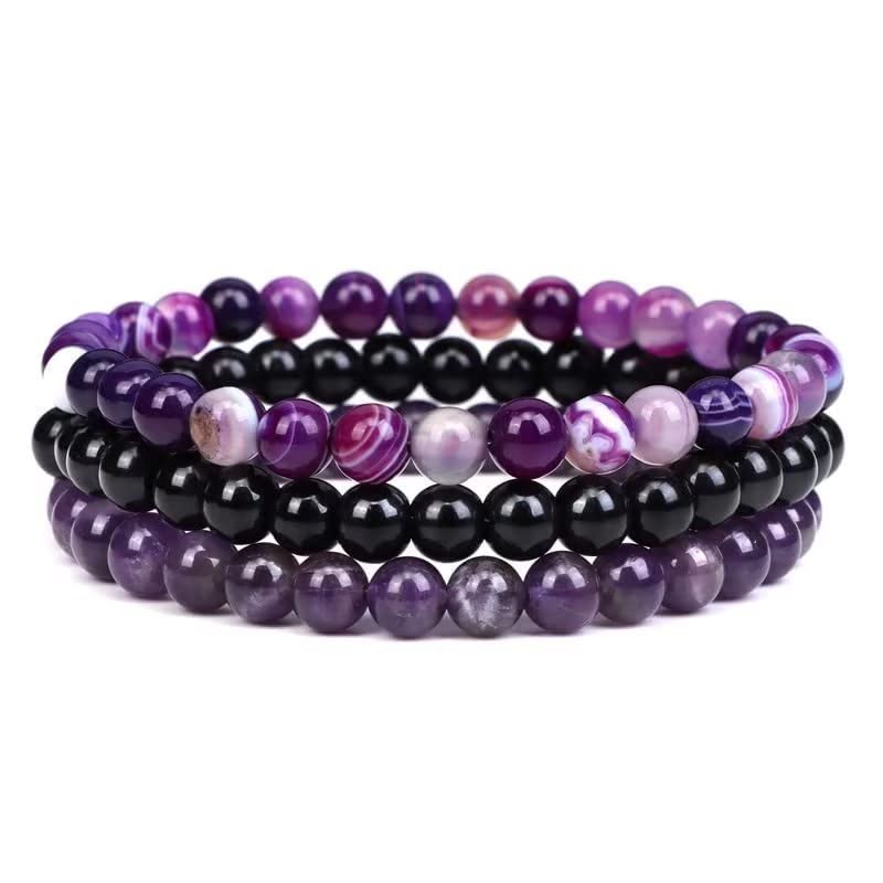 Azusa Sun 3Pcs 8mm Semi-Precious Gemstones Beaded Bracelets Healing Crystal Stone Bracelet for Women Men Stretch Round Beaded Bracelets Unisex Jewelry