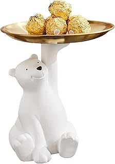 WAYUTO Resin Polar Bear Sculpture with Metal Tray Animal Figurine Ornament Standing Statue Candy Dish Decorative Tray for Keys Home Office Table Desk Decoration Bear
