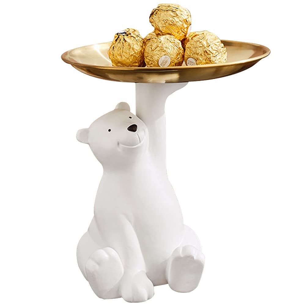 WAYUTO Resin Polar Bear Sculpture with Metal Tray Animal Figurine Ornament Standing Statue Candy Dish Decorative Tray for Keys Home Office Table Desk