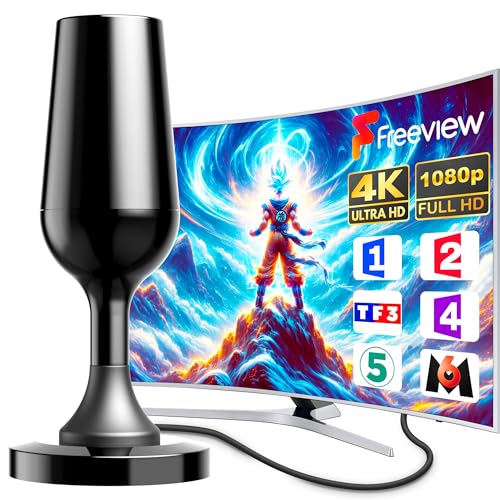 Antenne TV Intérieure TNT HD/4K - Réception 360° Avec Base Magnétique - Câble Coaxial 3m - Sans Abonnement