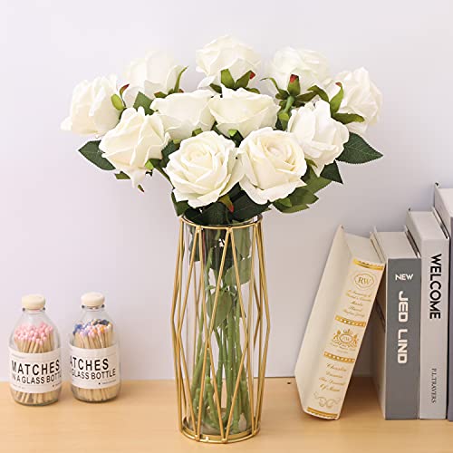 Cloudecor 15Pcs Artificial Roses Velet Real Touch Single Stem Fake Roses Silk Realistic Bouquet Flowers Arrangements Home Office Garden Grave Party Wedding Decoration(Cream White-15P, Blossom Roses) #TOP1