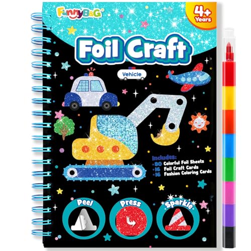 Image of FUNNYB&G Foil Art Craft Kit for Boys 4-10 Years Old: Mess-Free & No-Glue, Create 16 Sparkly Vehicle Pictures - Perfect Travel Toy & Birthday Gift for Kids (Vehicle)