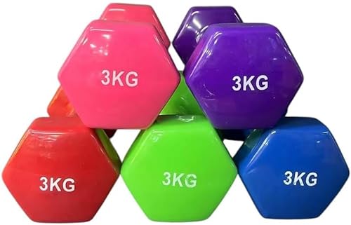 3kg Plastic-Dipped Hexagonal Dumbbell Pair Solid Cast Iron Anti-Roll Hand Weights for Strength Training and Home Gym Workouts 6kg Total - Randomised Matching Colour