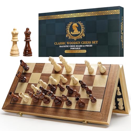 Vahome Magnetic Chess Set for Adults & Kids, 15' Wooden Folding Chess Boards, Handcrafted Portable Travel Chess Game with Pieces Storage Slots, 2 Extra Queens