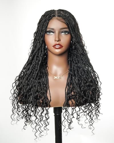JALIZA Glueless Human Hair Boho Curls Box Braided Wig – 24 Inch Pre Cut Real Swiss HD Lace Lightweight Full-Lace-to-Go Wig for Black Women 100 Strands - Black 1B
