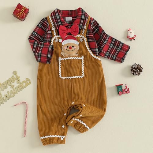 Image of Baby Boy Christmas Outfit Elf Newborn Romper Pants Set With Hat | Long Sleeve Bodysuit, Striped Romper Overalls Set, Baby Boy Elf Outfit, Fall Winter Clothes With Hat, My First Christmas.