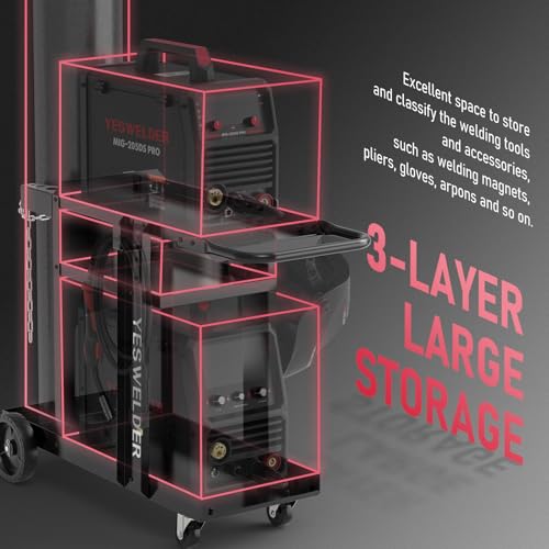 Image of YESWELDER Welding Cart for TIG MIG Welder and Plasma Cutter,Three-Layer Welder Cart,Tank Storage Safety Chains, Heavy Duty Large Storage 360 Rolling Welding Trolley