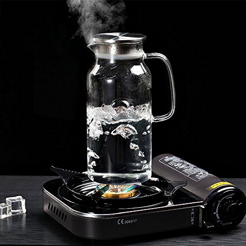 Cupwind 55 oz Glass Pitcher with Stainless Steel Lid, Hot/ Cold Water Carafe with Handle, Juice and Ice Tea Pitcher