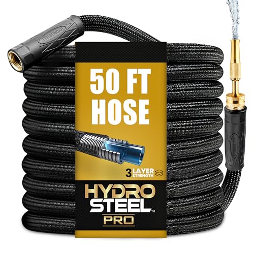 Hydrosteel PRO 50 Ft Metal Garden Hose with Nozzle, Water Hose Made from Heavy Duty 304 Stainless Steel, Flexible, Lightweight, Brass Crush Resistant Fittings, Non Kinking, 5/8” Diameter, 600 PSI