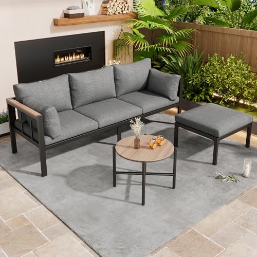Yihomfy Salon de Jardin extérieur 4 Personnes,Canapé d'angle extérieur en L avec Table Ronde Basses, Ensemble Table Chaise Jardin avec Table Basse, Idéal...