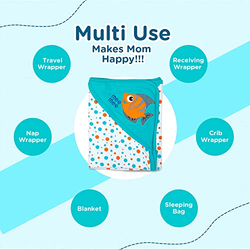 Image of Mee Mee 100% Soft Cotton Hooded Baby Wrapper Cum Warmer, Blanket with Hood for New Born Baby 0 to 6 Months (with Hood Blue)