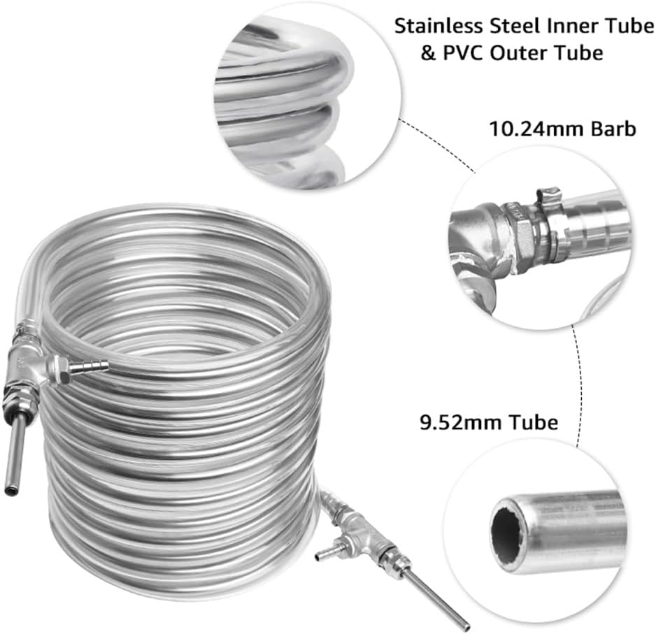 Counterflow Wort Chiller, Silver 3/8'' X 10M Stainless Steel Cooling Tube Super Effective Heat Exchanger Homebrew Beer Cooler Coil Tube