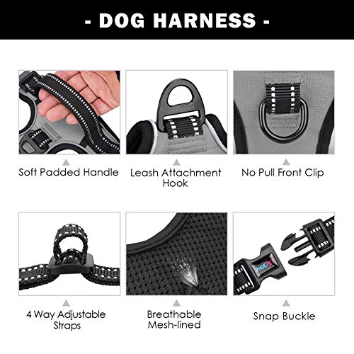 Image of PHOEPET No Pull Dog Harness Medium Reflective Front Clip Vest with Handle,Adjustable 2 Metal Rings 3 Buckles,[Easy to Put on & Take Off](M, Grey)
