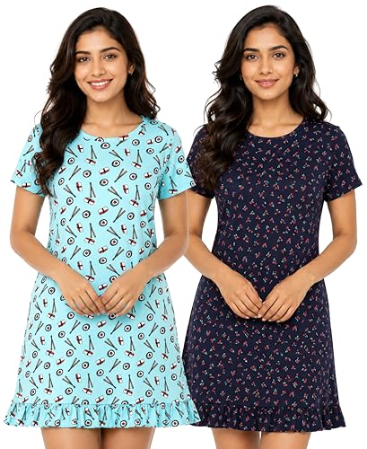 Image of Real Basics Women's Cotton Printed Knee Length Nightdress