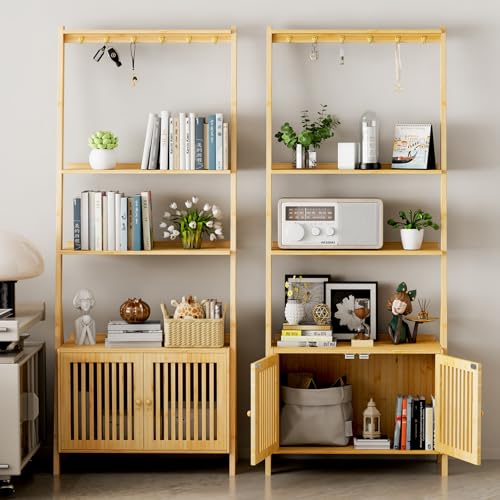 Image of Bookcase with Drawers, 4-Tier Bamboo Bookshelf Ladder Shelf with 6 Hooks, Tall Narrow Book Shelf, 24.8 inchL x 10.6 inchW x 59.5 inchH, Standing Storage Organizer for Living Room, Home Office, Bedroom, Bathroom
