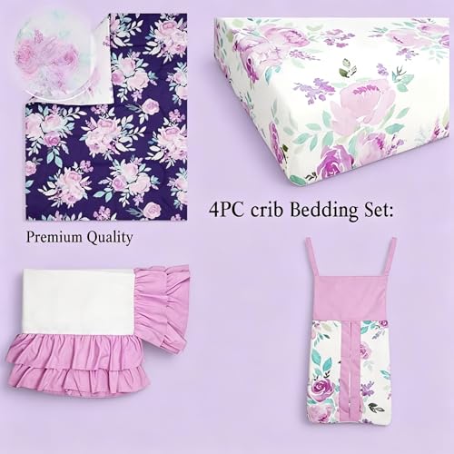 Image of TANOFAR 4 Piece Crib Bedding Set for Girls, Purple Flower Quilt, Crib Skirt, Diaper Stacker, Soft Microfiber Comforter, Cotton