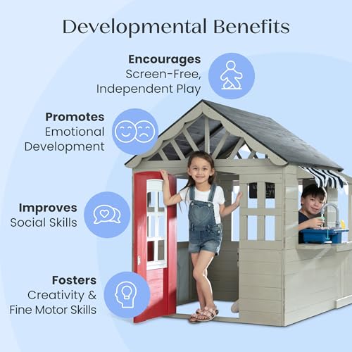 Image of Delta Children MySize Deluxe Outdoor Playhouse with Play Sink with Running Water, Picnic Table & Mailbox - Premium Wooden Cedar Playhouse for Kids, Grey