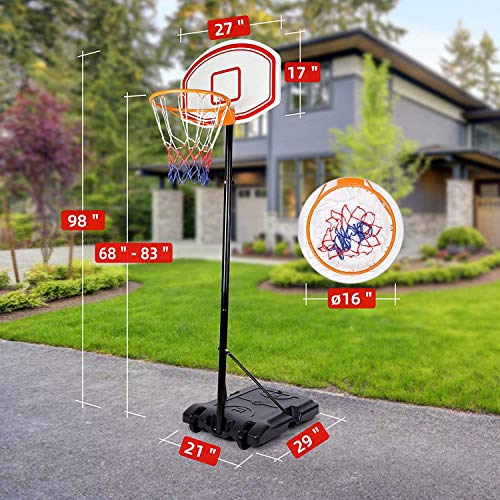 Amzdeal Portable Basketball Hoop, Basketball System Height Adjustable for Kids Youth, Basketball Goal W/Basketball Backboard, Wheels, Basketball Net, Suitable for Indoor Outdoor Use