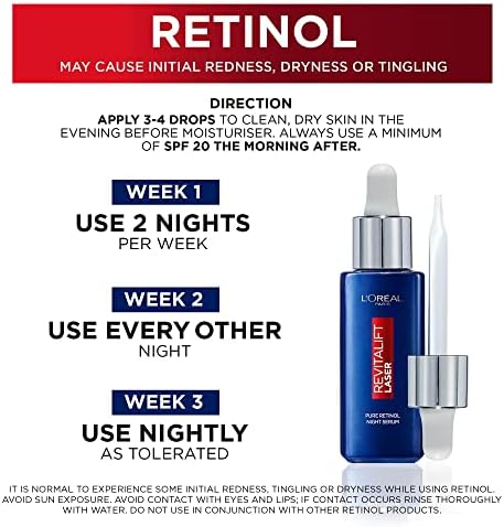 L'Oreal Paris Pure Retinol Night Serum, Revitalift Laser Face Serum, Deep Anti-Wrinkle Night Serum For Face [Large Size 50ml]