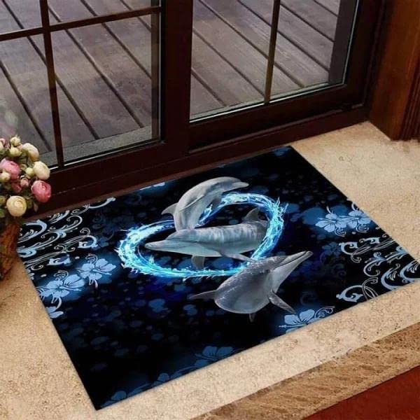 Ensound Dolphin Heart Form Dolphin Doormat,Novelty Flannel Floor with Non-Slip Rubber,Housewarming Decor Gift for Dolphin Lovers Home Decorative Welcome Doormat 30x18 Inch