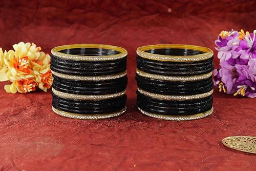 Image of NMII Fancy Glass Golden Zircon Diamond Stone & Velvet Finish Plain Bangles Set For Women & Girls | Glass Velvet Bangles | Kanch ki Chudiyan | Girl's Bangles Bracelet | Fashion Jewellery- Set of 32