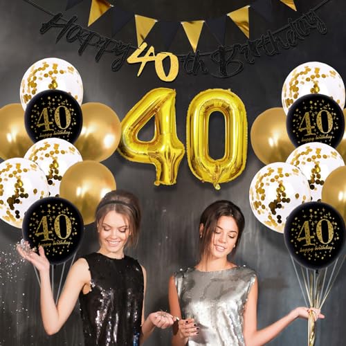 Image of Jobkoo 40th Birthday Decorations for Men, Black Gold 40th Birthday Balloons Black Happy 40th Banner 40th Cake Topper Number 40 Foil Balloon for Women 40 Year Old Party Decor
