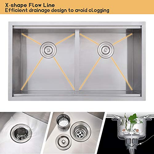 33 Inch Undermount Double Bowl Kitchen Sink Stainless Steel-Bokaiya 33X19 50/50 Undermount Workstation Sink 16 Gauge Deep Low Divide Double Bowl Undermount Kitchen Sink #TOP5