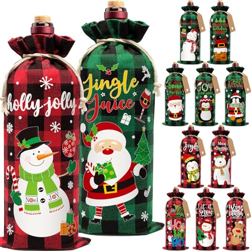 12Pcs Burlap Wine Bags Christmas Wine Gift Bags for Wine Bottles Gifts, Buffalo Plaid Christmas Wine Bottle Bags with Drawstring, Holiday Wine Bottle Covers for Christmas New Year Holiday Party Decor -  Aoonby