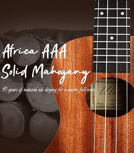 Image of Ulumac Concert Ukulele, Solid Mahogany 23inch Ukelele for Adults Kids Beginner with Gig Bag, Digital Tuner, Replacing Strings, 3 Guitar Picks, Strap, Cloth