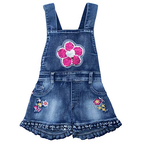 Pecolate 3-8Jahre Mädchen Overall Strampler Pailletten Elastisch Denim Latzhose Overalls Floret Stickerei Hosenträger Shorts Jeanshose (5Jahre, Floret) Cover