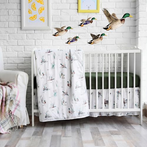 Image of SmoothNovelty 5 Pcs Mallard Duck Crib Bedding Set Include Print Crib Sheets Bed Skirt Comforter Pad Cover Wall Stickers for Boys Girls Duck Nursery Room Decoration