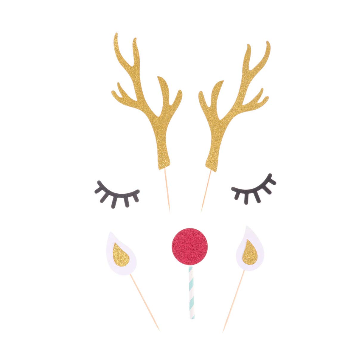 SUPVOX Christmas Cake Decorations 5 Sets Reindeer Cake Toppers Glitter Elk Antler Picks for Holiday Party Cupcakes and Festive Gathering Supplies