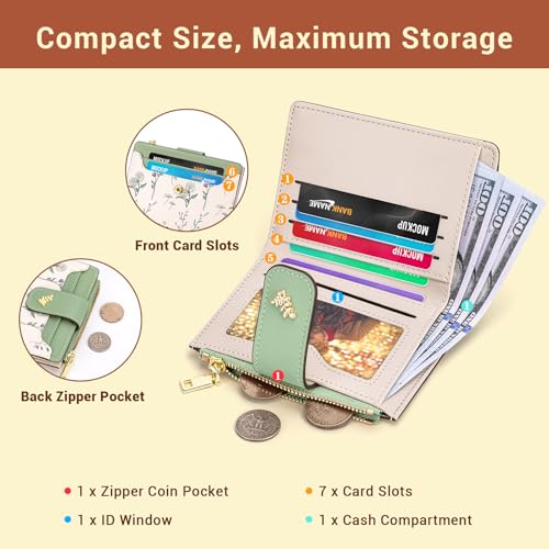 Image of YINHEXI Women's Wallet, Compact and Small Bifold PU Leather Card Holder, Mini Purse with Coin Pocket for Ladies, Girls (Floral Green)