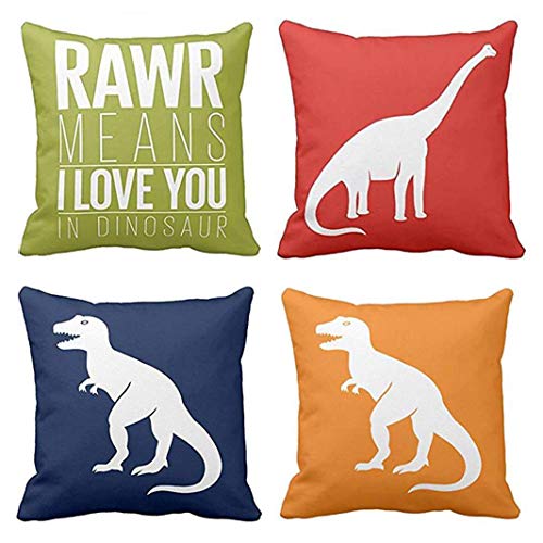 Emvency Set of 4 Throw Pillow Covers Dinosaur Tyrannosaurus in Rawr Brachiosaurus Red Navy Blue Prehistoric Paleontologist Decorative Pillow Cases Boys Room Home Decor Square 16x16 Inches