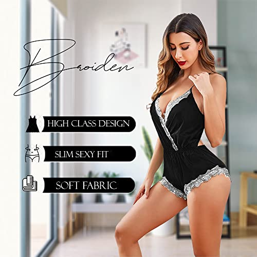 Image of BROIDEN Women Lingerie Bodysuit V Neck Teddy Lace Babydoll Satin Nightwear