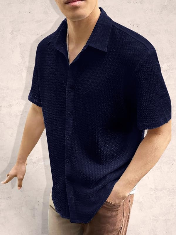 Image of Pinkmint Popcorn Shirt for Men Soild Slim Fit Sleeve Spread Collar Trendy Men Shirt Summer Wear Goa Wear Olive