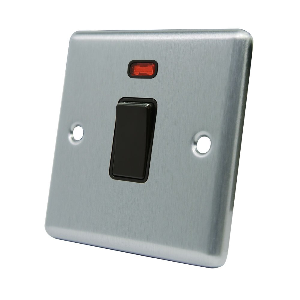 AET CSC20ASWIBL 20 A Satin Finish Chrome Classical Double Pole Black Insert Plastic Rocker Switch with Neon Indicator