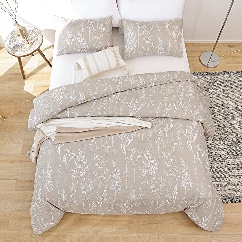 Janzaa Queen Floral 3 Pcs Bedding Sets Oatmeal Plant Flowers Printed On Fluffy Comforter For All Season #TOP7