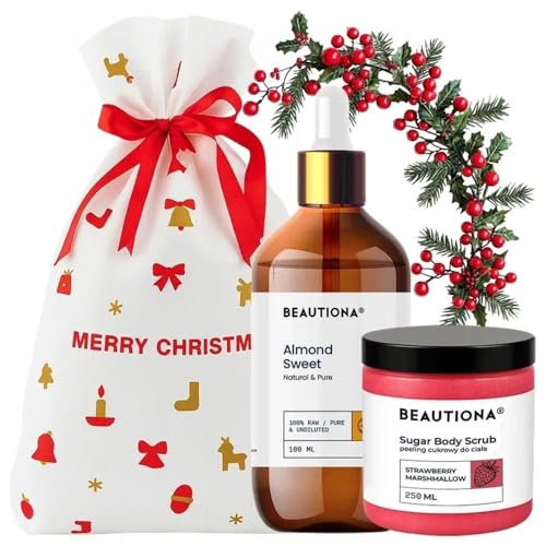 Coffret cadeau de Noël pour femme – Kit de soin du corps avec gommage au sucre et huile d'amande dans une pochette cadeau festive – Idée cadeau bien-être et beauté pour maman, petite amie ou