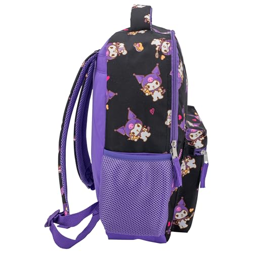 Image of AI ACCESSORY INNOVATIONS Hello Kitty 16 inch Backpack With Front Pocket for Girls, Allover Print Bookbag featuring Kuromi, Black