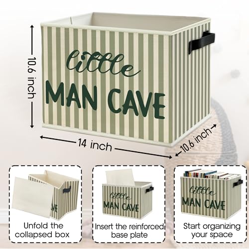 Image of Little Man Cave Boys Storage Bins Box with Handles, Green Stripe Boho Collapsible Basket Organizer for Kids Boys Playroom Nursery Room Bedroom Bathroom Books Clothes